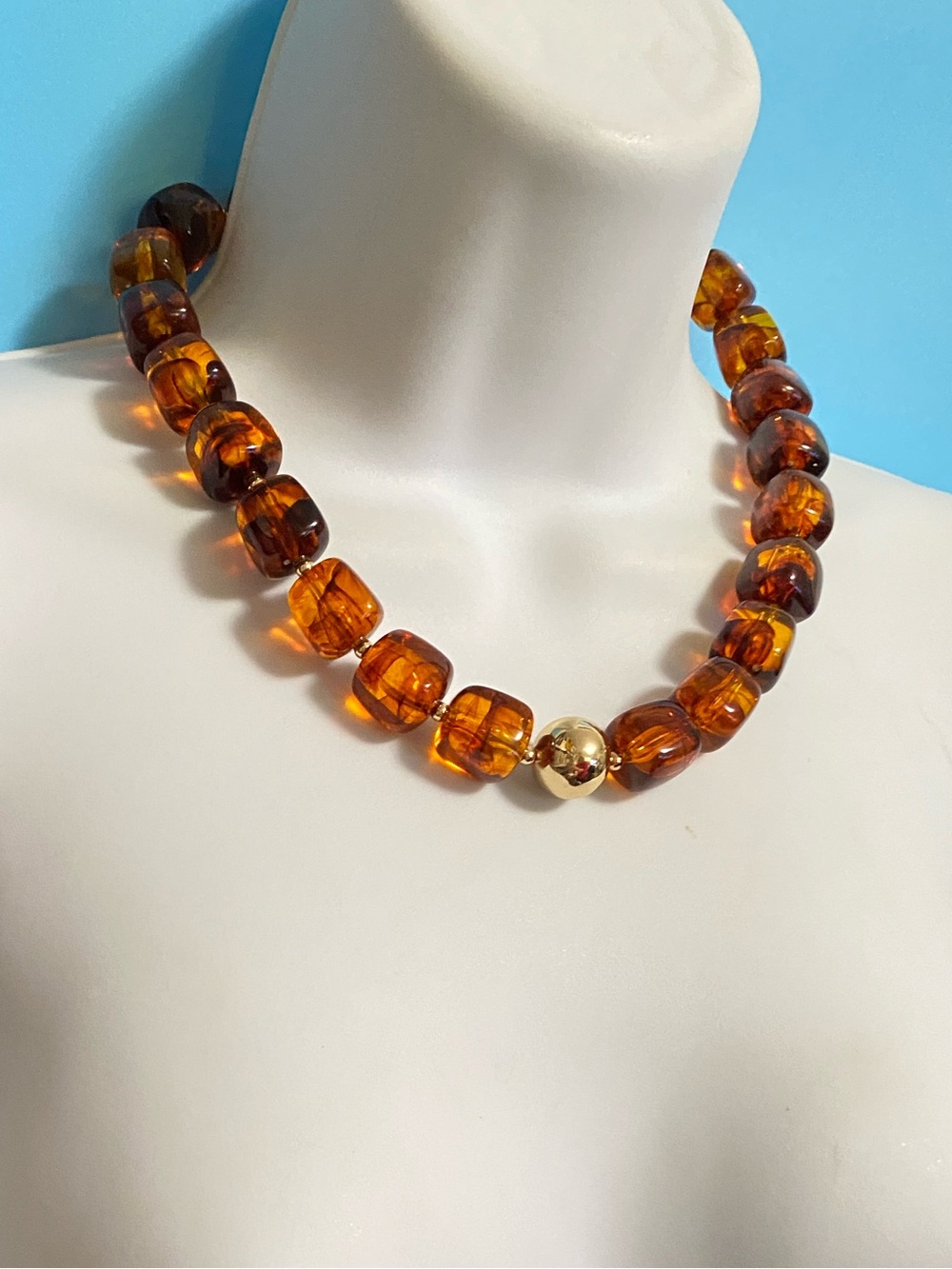Amber Lucite Square Beads Goldtone Focal Bead Necklace